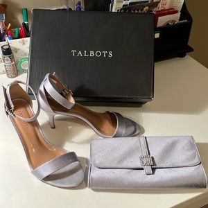 Grey silk ankle strap shoes with matching evening bag